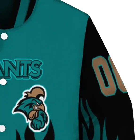 customized coastal carolina chanticleers flame border green black varsity jacket premium grade.webp