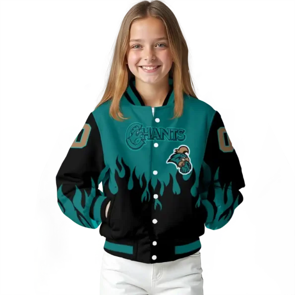 customized coastal carolina chanticleers flame border green black varsity jacket top rated.webp