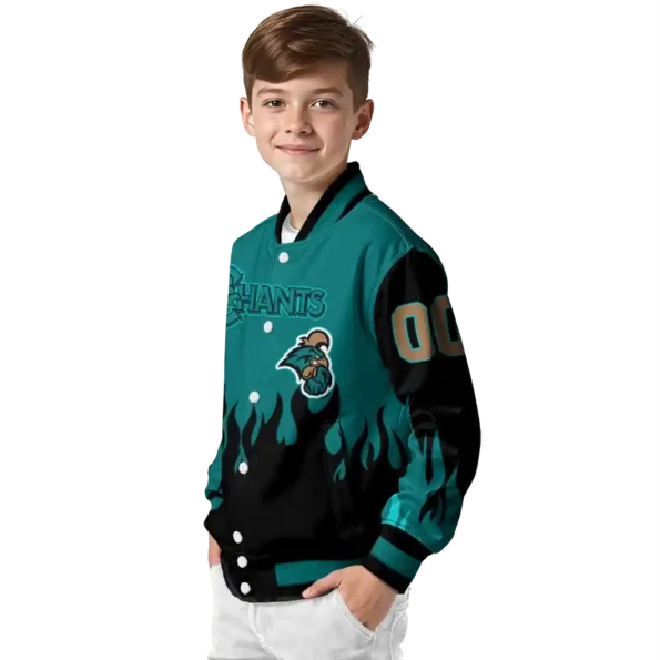 customized coastal carolina chanticleers flame border green black varsity jacket trendy.webp