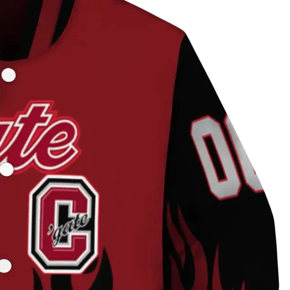 customized colgate raiders flame border maroon black varsity jacket premium grade.webp