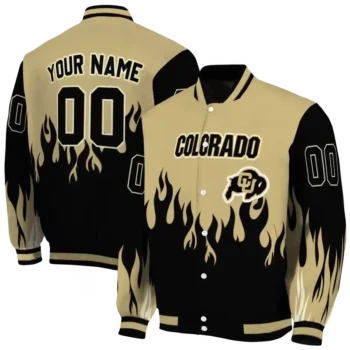 customized colorado buffaloes flame border gold black varsity jacket fashion forward.webp