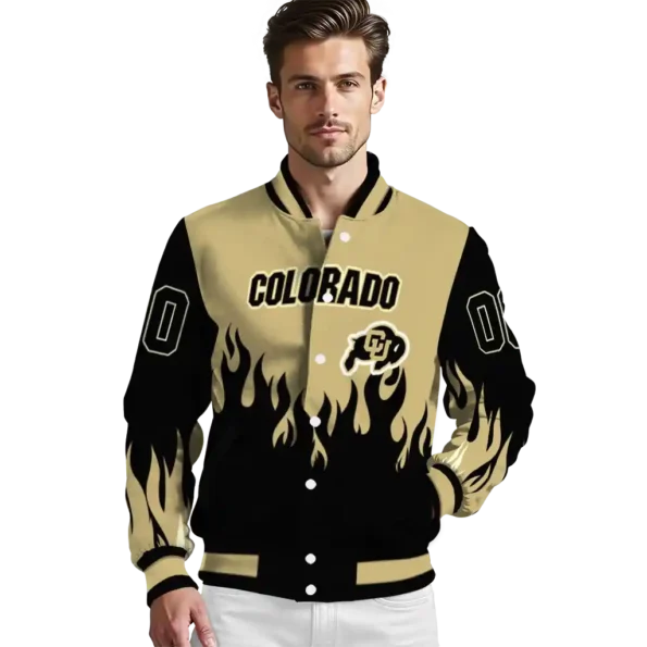 customized colorado buffaloes flame border gold black varsity jacket high quality.webp