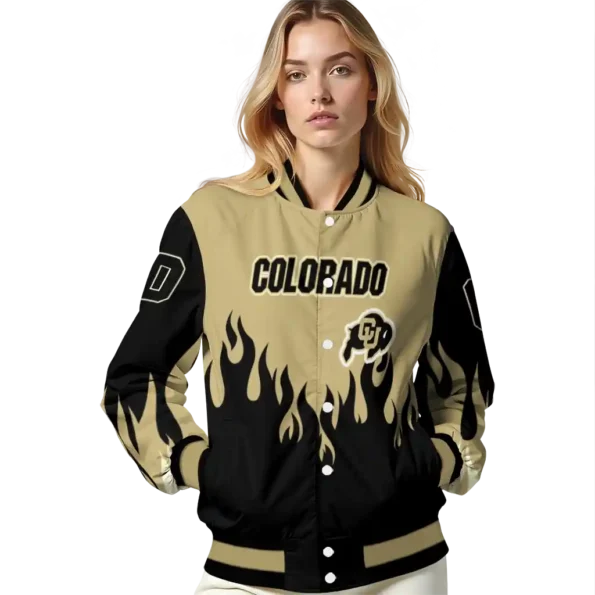 customized colorado buffaloes flame border gold black varsity jacket latest model.webp