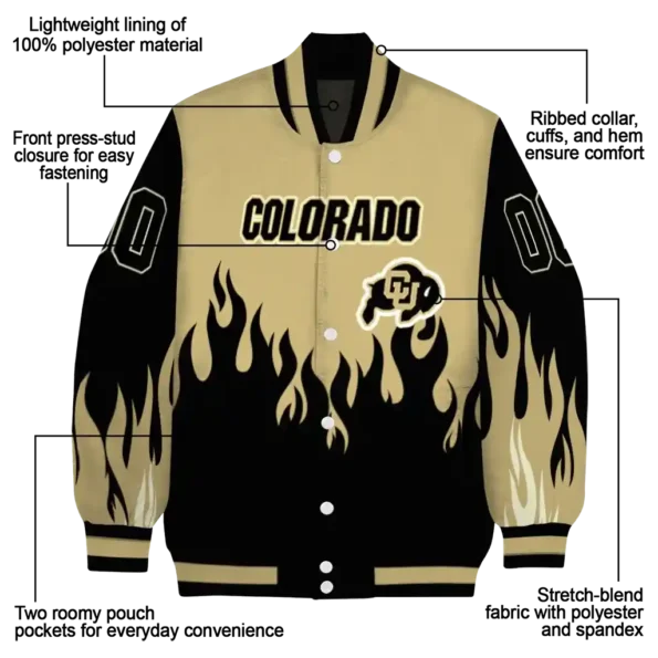 customized colorado buffaloes flame border gold black varsity jacket new arrival.webp