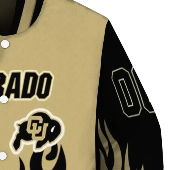 customized colorado buffaloes flame border gold black varsity jacket premium grade.webp