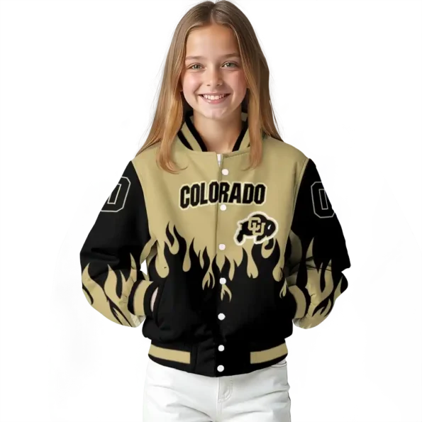 customized colorado buffaloes flame border gold black varsity jacket top rated.webp