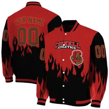 customized cornell big red flame border red black varsity jacket fashion forward.webp