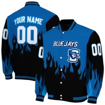 customized creighton bluejays flame border blue black varsity jacket fashion forward.webp