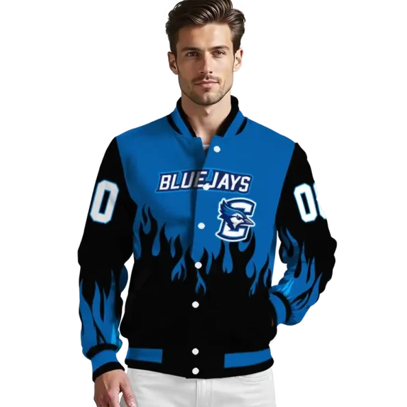 customized creighton bluejays flame border blue black varsity jacket high quality.webp