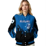 customized creighton bluejays flame border blue black varsity jacket best selling.webp