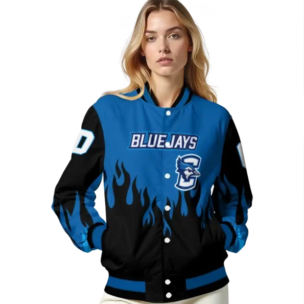 customized creighton bluejays flame border blue black varsity jacket latest model.webp