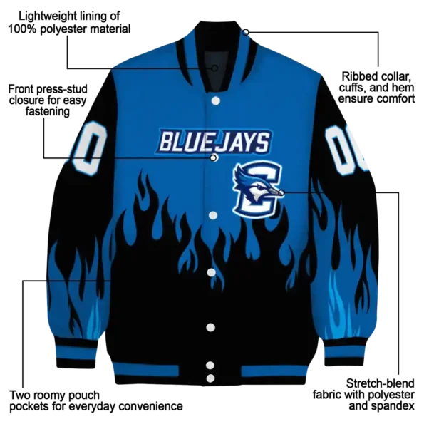 customized creighton bluejays flame border blue black varsity jacket new arrival.webp