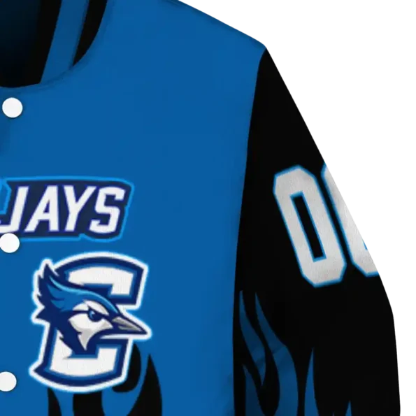 customized creighton bluejays flame border blue black varsity jacket premium grade.webp