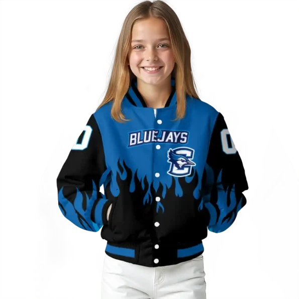 customized creighton bluejays flame border blue black varsity jacket top rated.webp