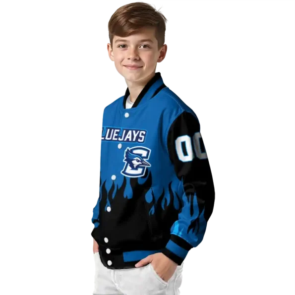 customized creighton bluejays flame border blue black varsity jacket trendy.webp