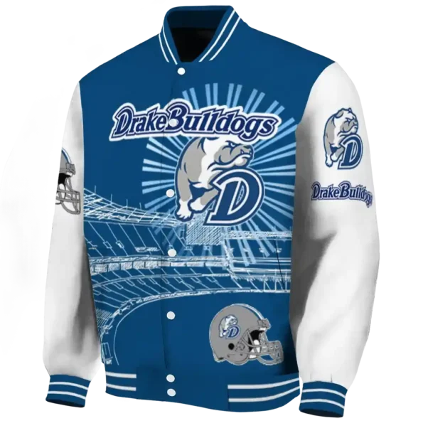 customized drake bulldogs ferris arena blue white varsity jacket best selling