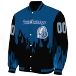 customized drake bulldogs flame border blue black varsity jacket best selling.webp