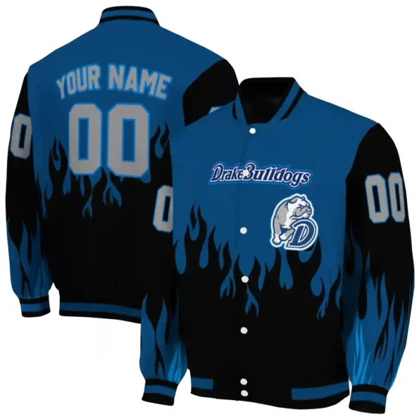 customized drake bulldogs flame border blue black varsity jacket fashion forward.webp