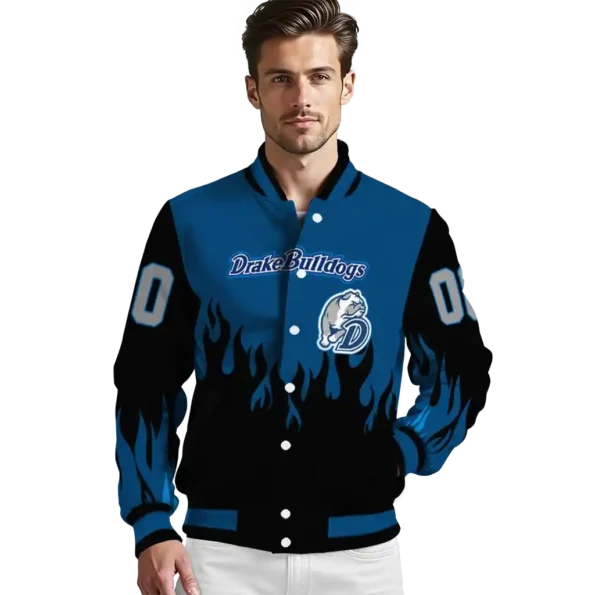 customized drake bulldogs flame border blue black varsity jacket high quality.webp
