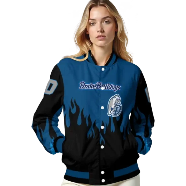customized drake bulldogs flame border blue black varsity jacket latest model.webp