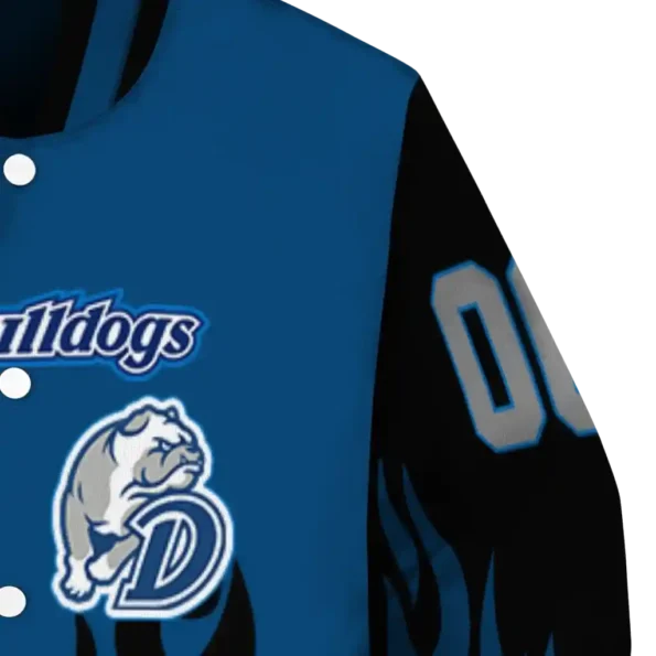 customized drake bulldogs flame border blue black varsity jacket premium grade.webp