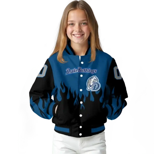 customized drake bulldogs flame border blue black varsity jacket top rated.webp