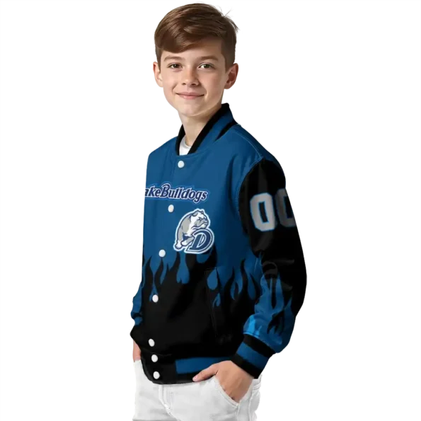 customized drake bulldogs flame border blue black varsity jacket trendy.webp