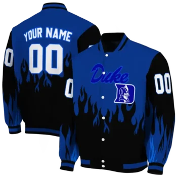 customized duke blue devils flame border blue black varsity jacket fashion forward.webp