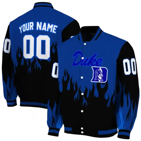customized duke blue devils flame border blue black varsity jacket fashion forward.webp