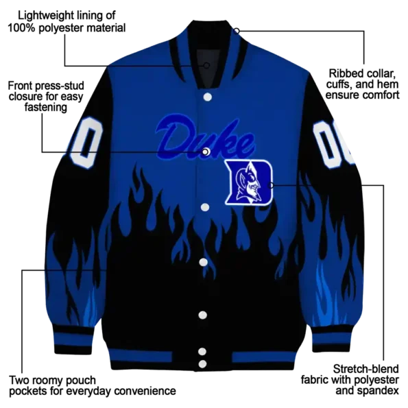 customized duke blue devils flame border blue black varsity jacket new arrival.webp