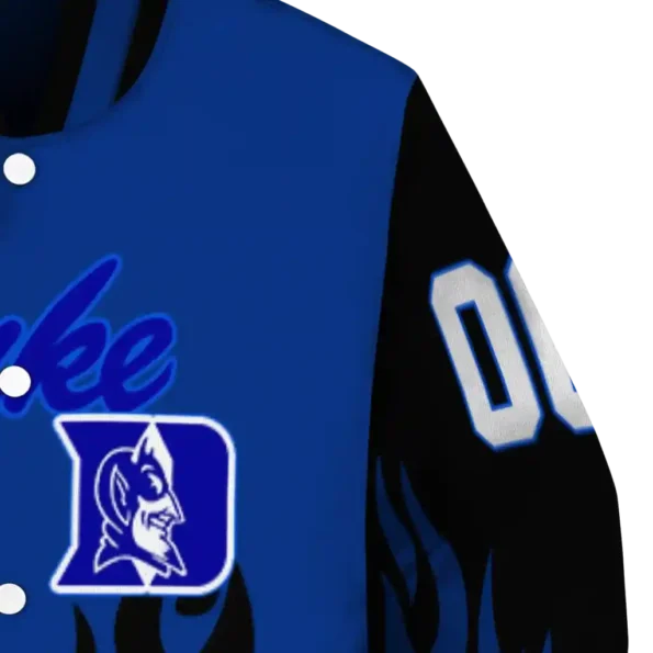 customized duke blue devils flame border blue black varsity jacket premium grade.webp