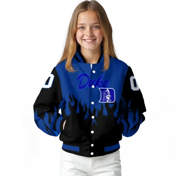 customized duke blue devils flame border blue black varsity jacket top rated.webp