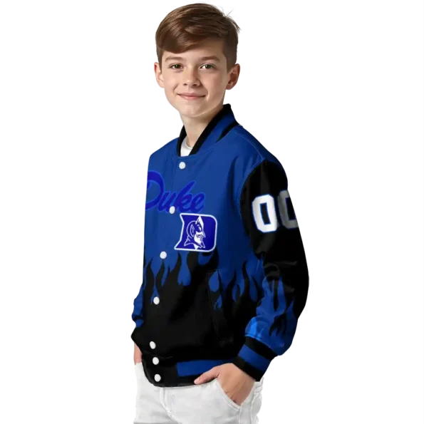 customized duke blue devils flame border blue black varsity jacket trendy.webp