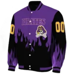 customized east carolina pirates flame border purple black varsity jacket best selling.webp