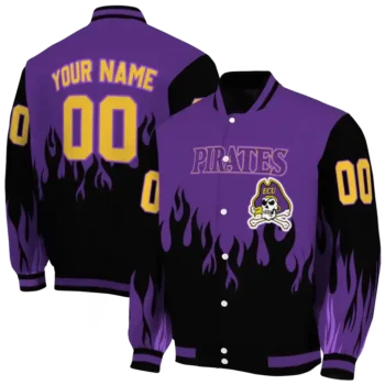 customized east carolina pirates flame border purple black varsity jacket fashion forward.webp