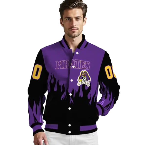 customized east carolina pirates flame border purple black varsity jacket high quality.webp