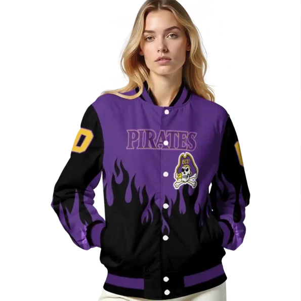 customized east carolina pirates flame border purple black varsity jacket latest model.webp
