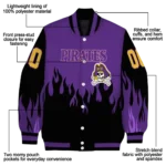 customized east carolina pirates flame border purple black varsity jacket best selling.webp