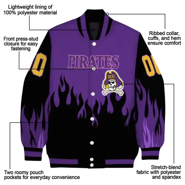 customized east carolina pirates flame border purple black varsity jacket new arrival.webp
