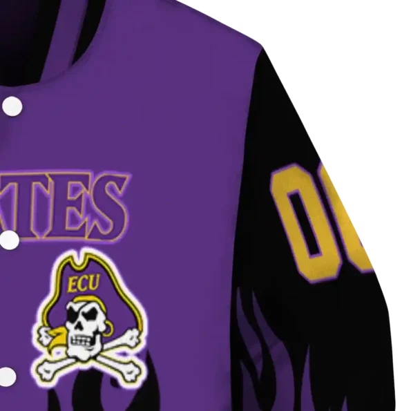 customized east carolina pirates flame border purple black varsity jacket premium grade.webp
