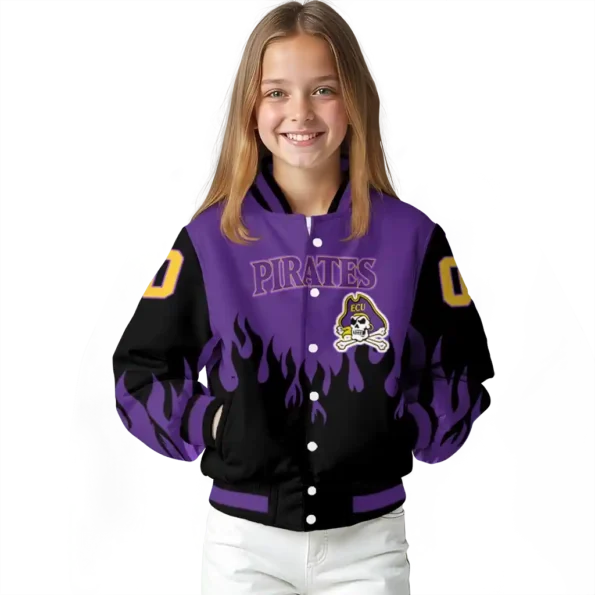 customized east carolina pirates flame border purple black varsity jacket top rated.webp