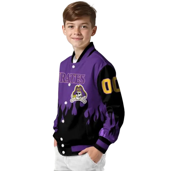 customized east carolina pirates flame border purple black varsity jacket trendy.webp