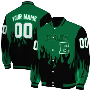 customized eastern michigan eagles flame border green black varsity jacket fashion forward.webp