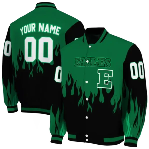 customized eastern michigan eagles flame border green black varsity jacket fashion forward.webp
