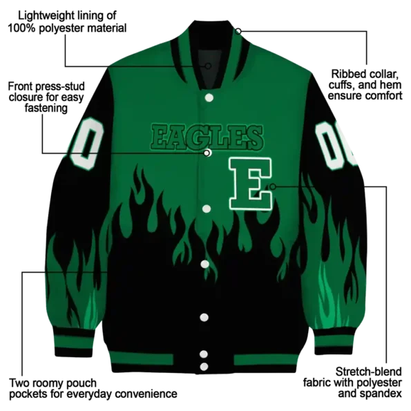customized eastern michigan eagles flame border green black varsity jacket new arrival.webp