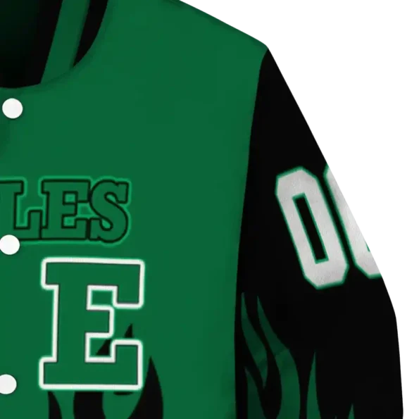 customized eastern michigan eagles flame border green black varsity jacket premium grade.webp