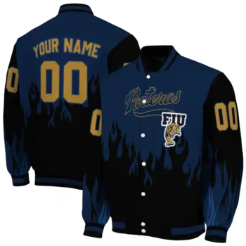 customized fiu panthers flame border blue black varsity jacket fashion forward.webp