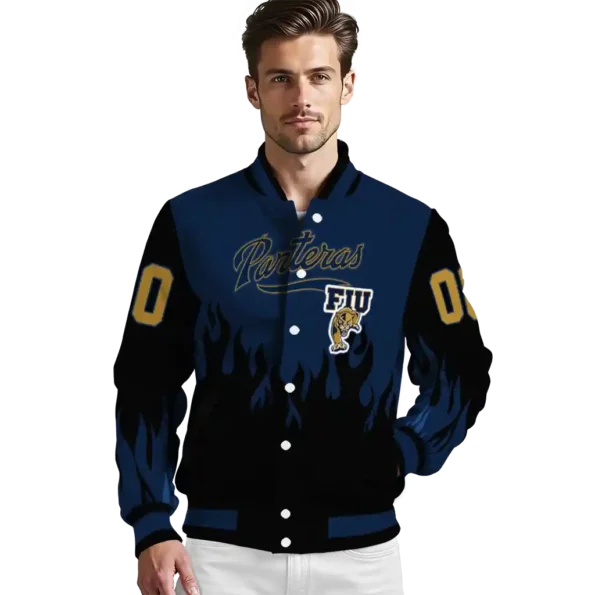 customized fiu panthers flame border blue black varsity jacket high quality.webp