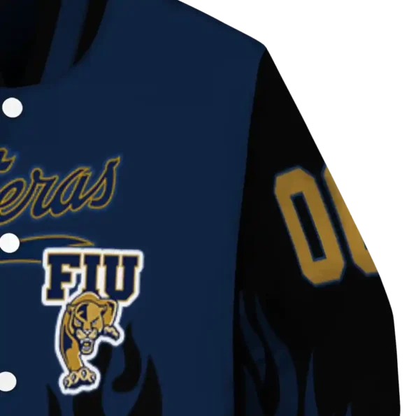 customized fiu panthers flame border blue black varsity jacket premium grade.webp