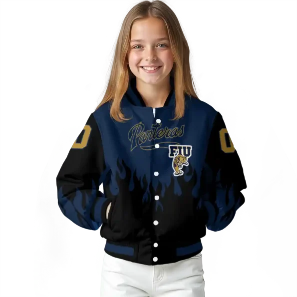 customized fiu panthers flame border blue black varsity jacket top rated.webp